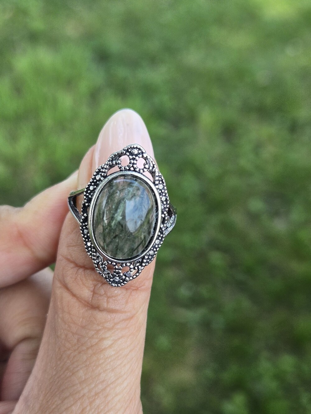 Green Rutilated Quartz Filigree Shield Ring Silver Adjustable